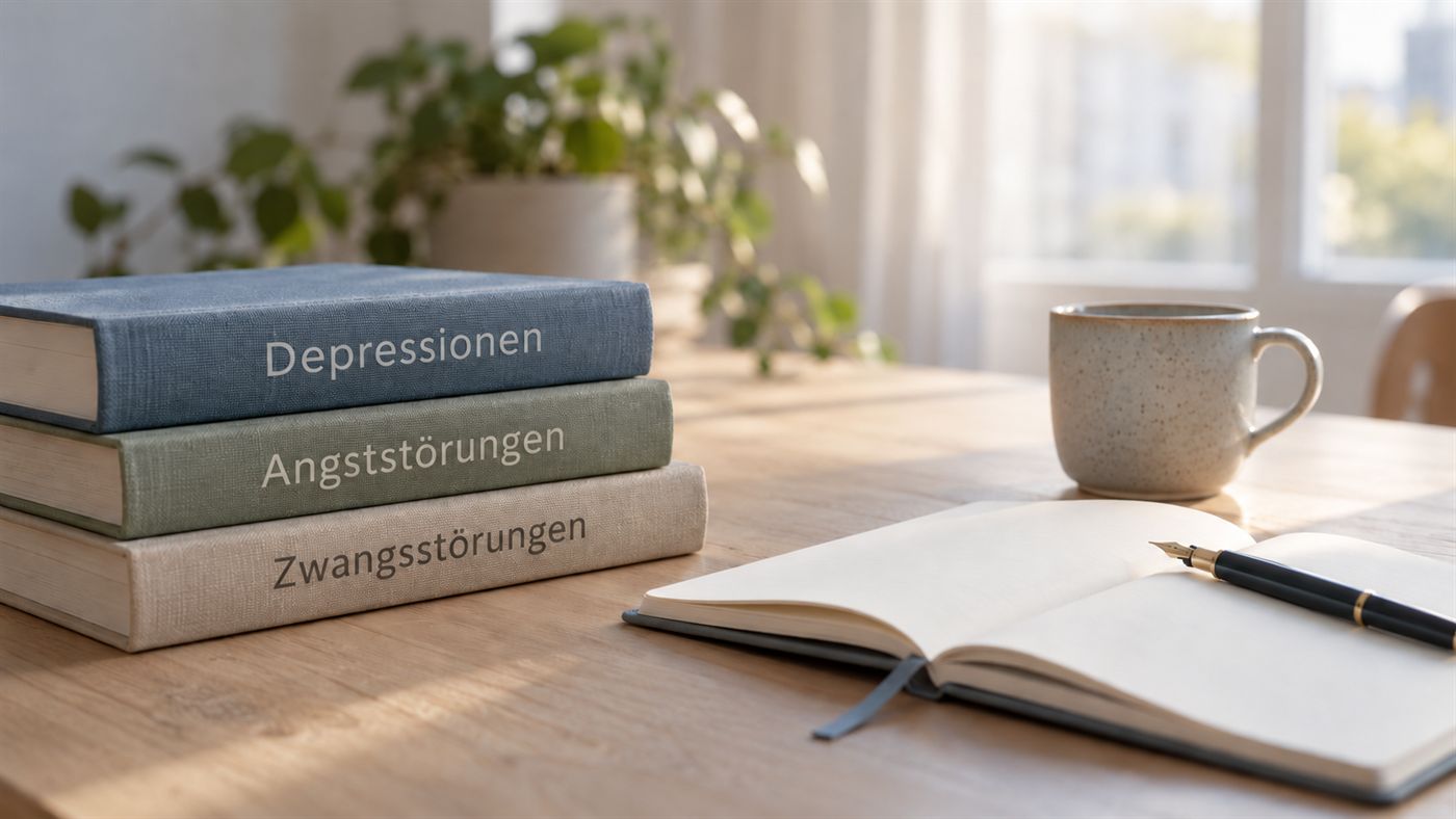 Fachbücher zu Depressionen, Angststörungen und Zwangsstörungen neben einem aufgeschlagenen Notizbuch